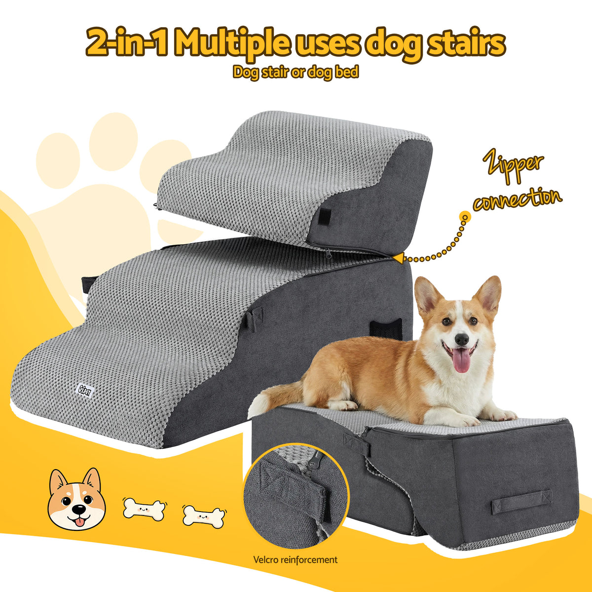 i.Pet Dog Stairs and Bed 2-in-1 Sofa Car Foam Non-Slip Washable Pet Stairs Indoor Grey