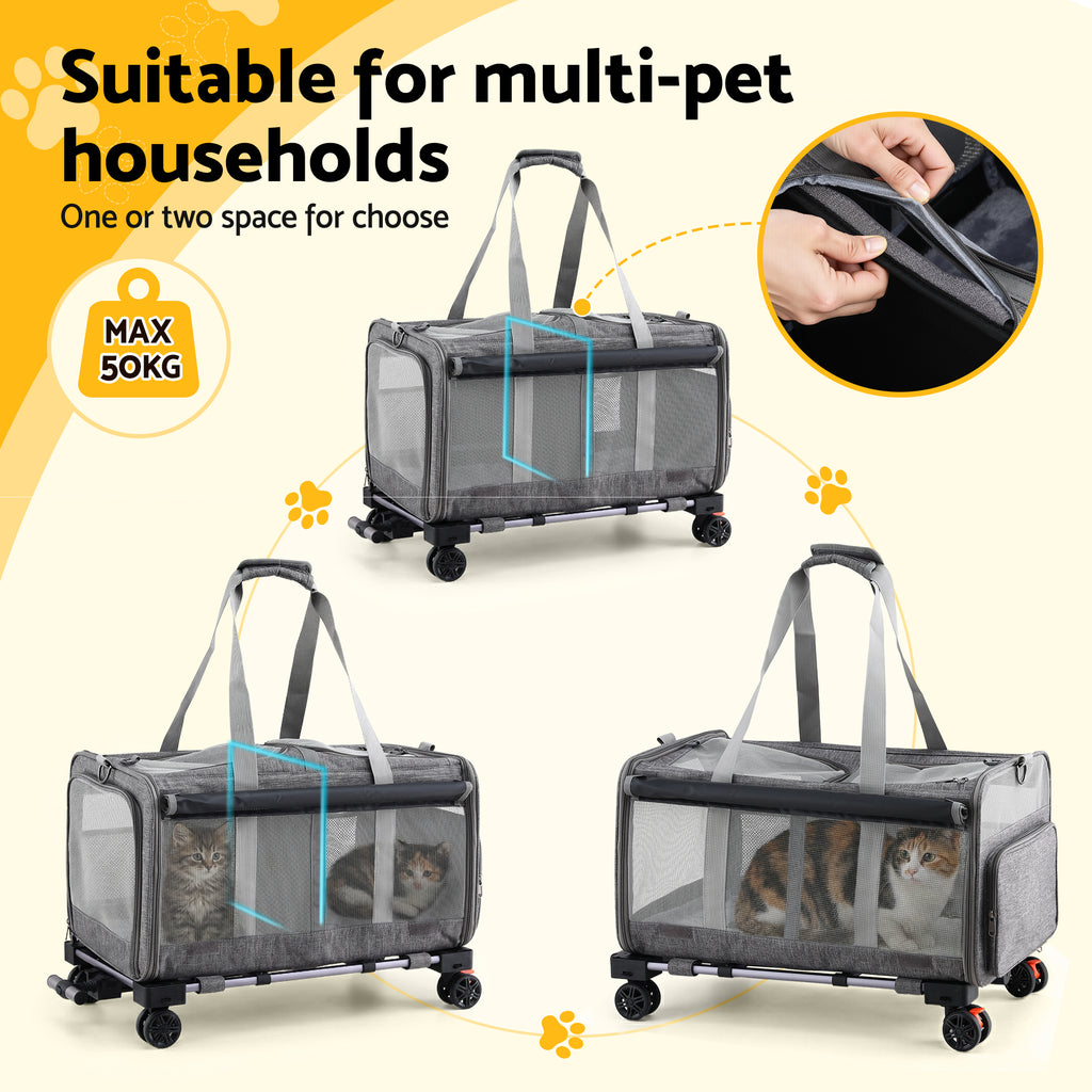 i.Pet Pet Carrier Swivel Wheels Foldable Cat Dog Trolley Stroller Travel Bag Grey