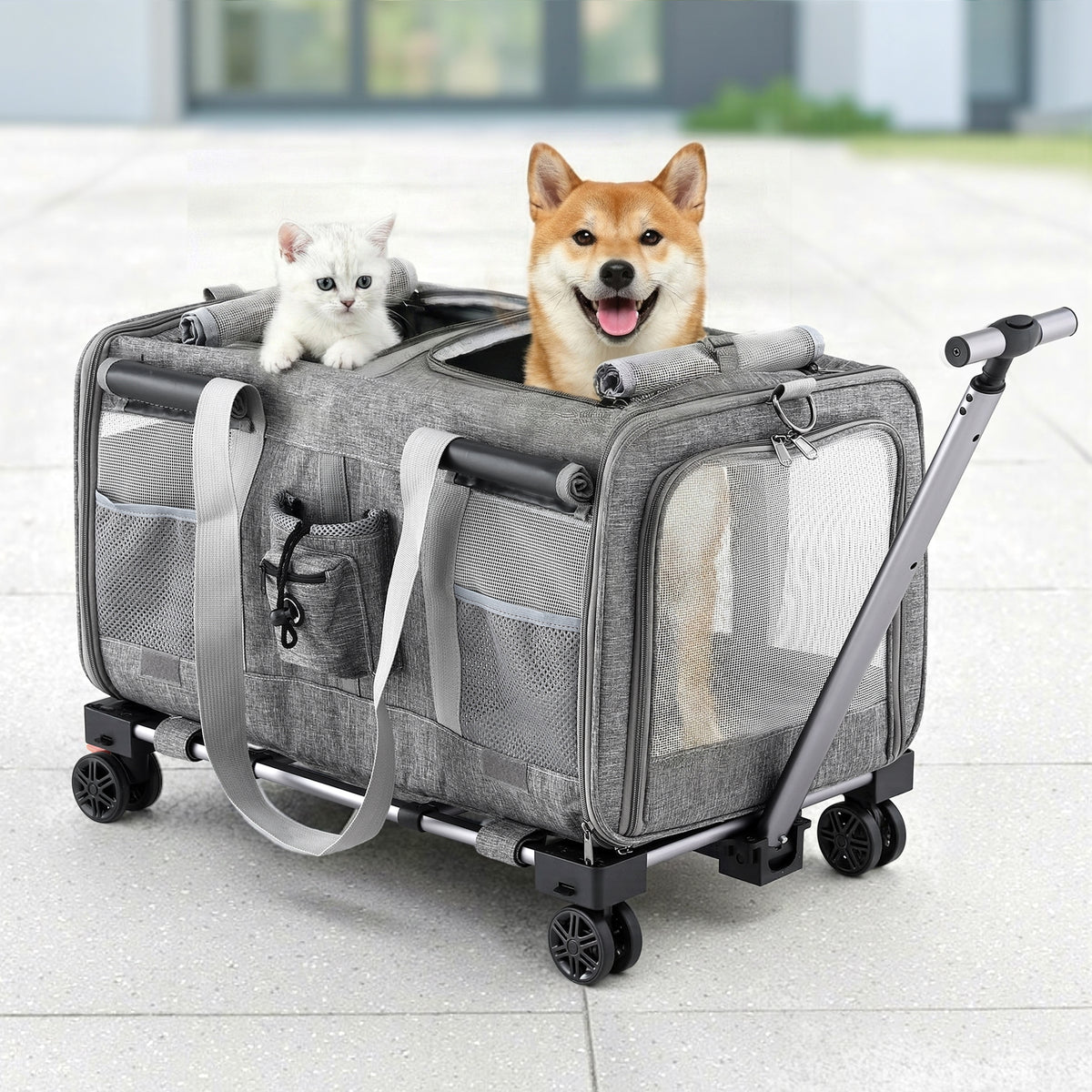 i.Pet Pet Carrier Swivel Wheels Foldable Cat Dog Trolley Stroller Travel Bag Grey
