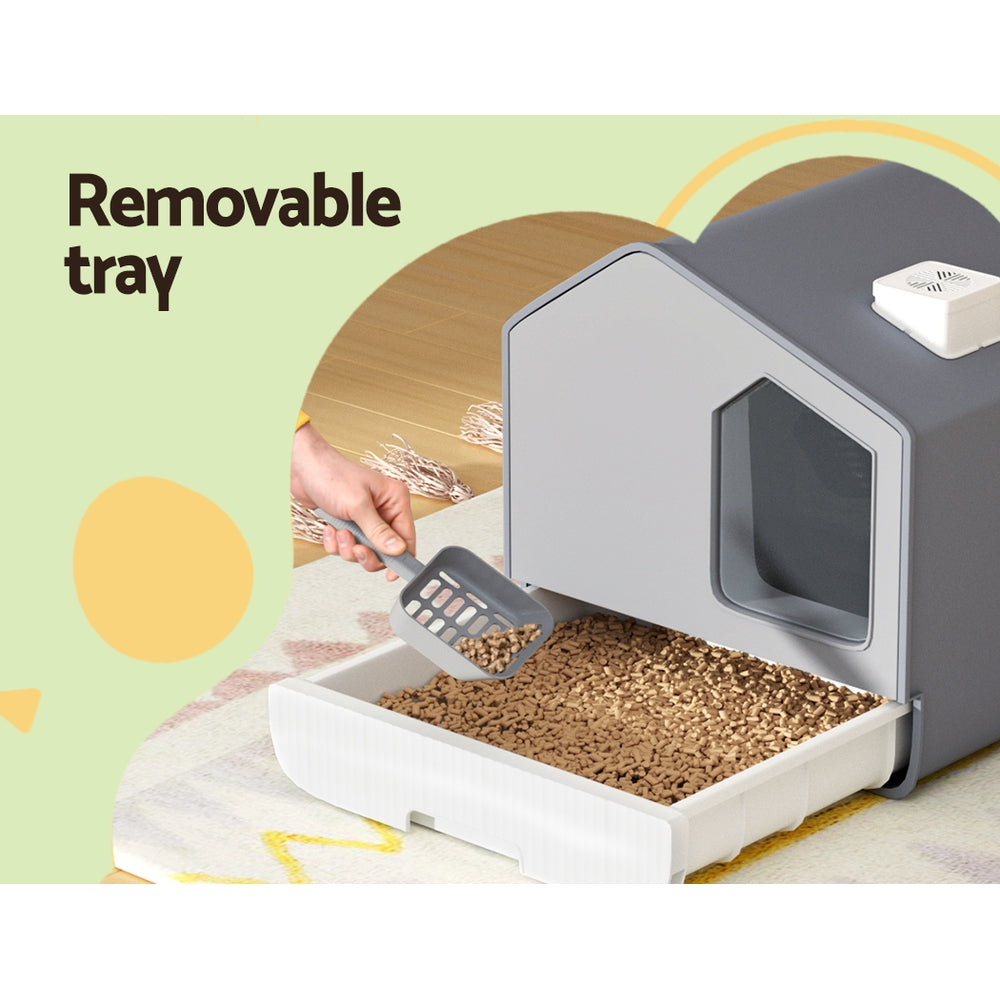 i.Pet Cat Litter Box Large Tray Kitty Toilet Enclosed Cat Litter Box Hooded Scoop Mat Grey