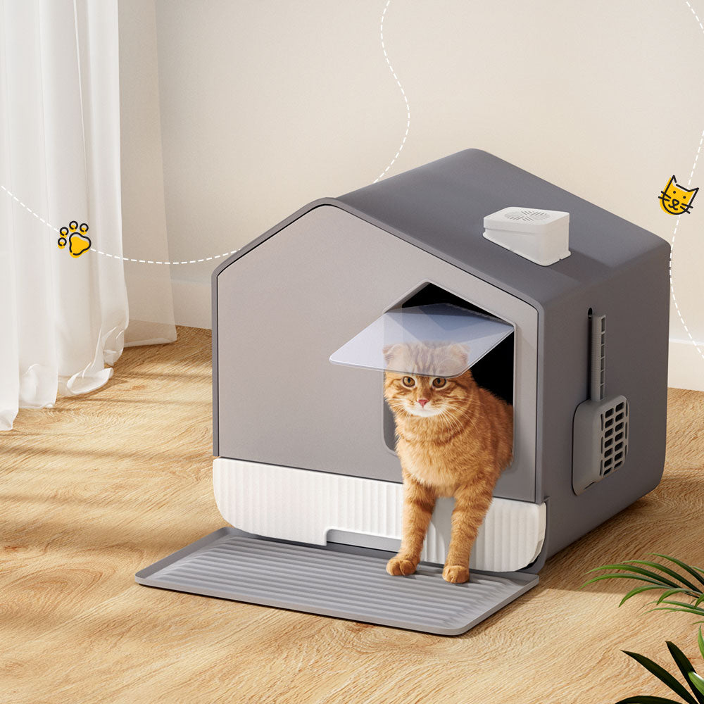 i.Pet Cat Litter Box Large Tray Kitty Toilet Enclosed Cat Litter Box Hooded Scoop Mat Grey