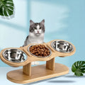 Cat Feeder Elevated Cat Feeder Three Bowl Cat Feeder Stainless Steel Cat Bowls - Wood color - Size 01