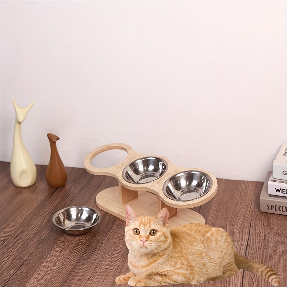 Cat Feeder Elevated Cat Feeder Three Bowl Cat Feeder Stainless Steel Cat Bowls - Wood color - Size 01