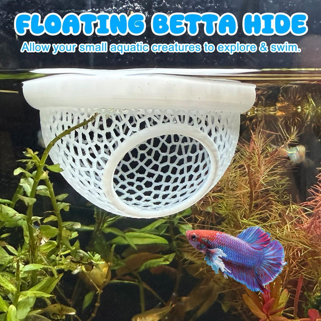 Floating Betta Hide & Shrimp Cave – 3D Printed Aquarium Hammock, Feeder & Rest Spot – Floating Betta Log & Cave Decor for Nano Tanks, Corydoras, Shrimp & Small Fish – Safe PLA, Patent Pending - Black - Size S