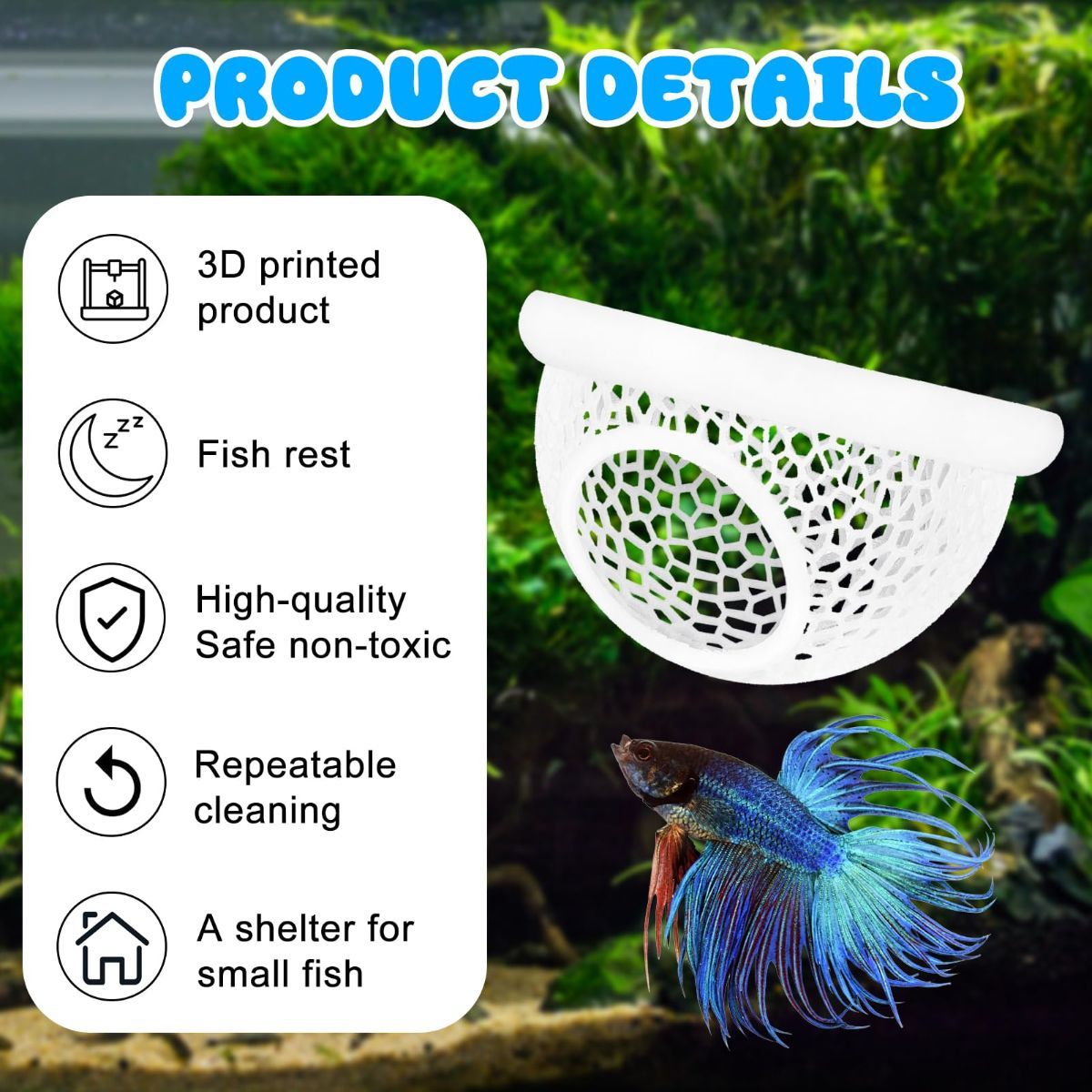 Floating Betta Hide & Shrimp Cave – 3D Printed Aquarium Hammock, Feeder & Rest Spot – Floating Betta Log & Cave Decor for Nano Tanks, Corydoras, Shrimp & Small Fish – Safe PLA, Patent Pending - Blue - Size S