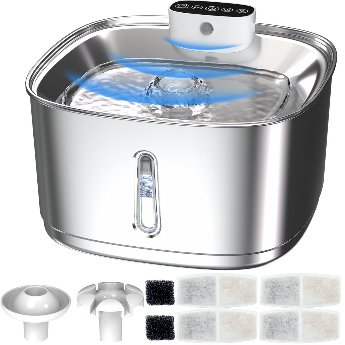 Stainless Steel Cat Water Fountain - 108oz/3.2L Pet Water Fountain Cordless with Motion Sensor, 4 Replacement Filters, Ultra-Quiet Auto Dog Water Dispenser Battery Powered - Silver - Size 19cm