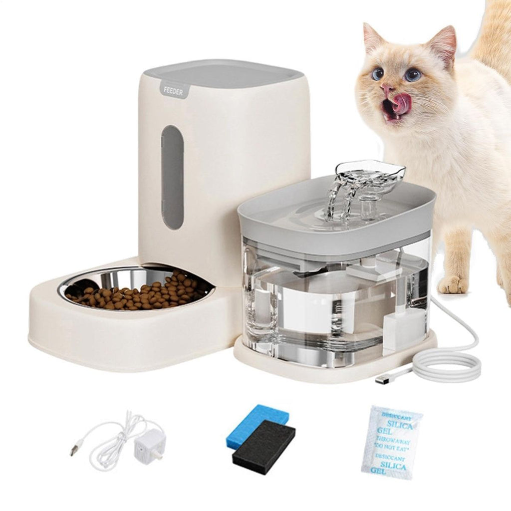 Automatic Cat Feeder and Water 2-in-1 Pet Automatic Fountain Food Bowl Spill-Proof Cat Waterer for Indoor Outdoor Home Vacation Balcony Living Room Bedroom - Pink - Size Feeder and Waterer