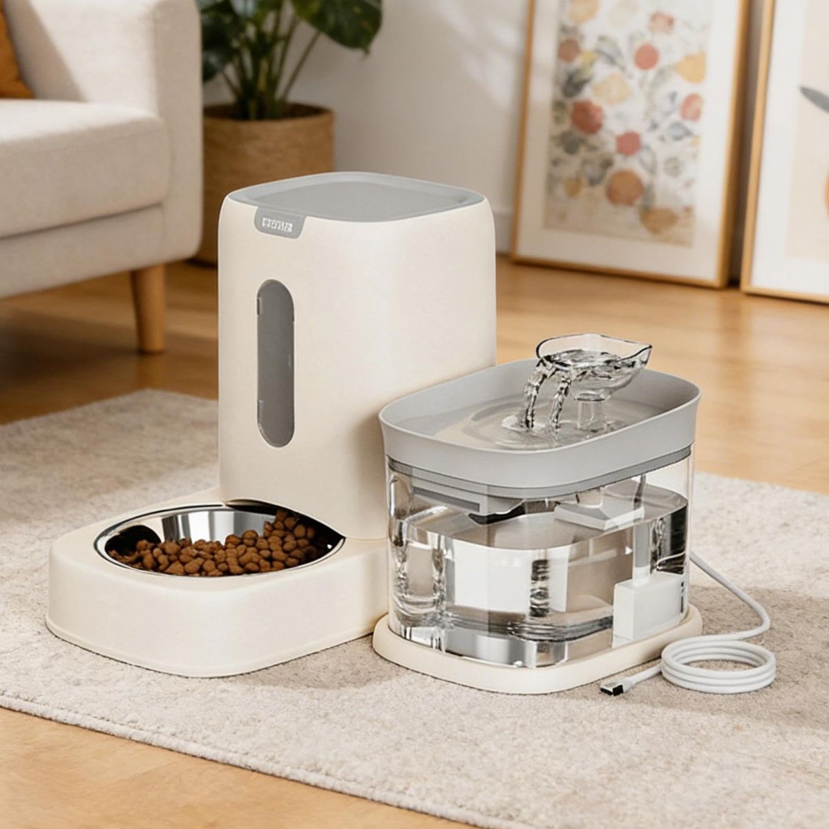 Automatic Cat Feeder and Water 2-in-1 Pet Automatic Fountain Food Bowl Spill-Proof Cat Waterer for Indoor Outdoor Home Vacation Balcony Living Room Bedroom - Pink - Size Feeder and Waterer