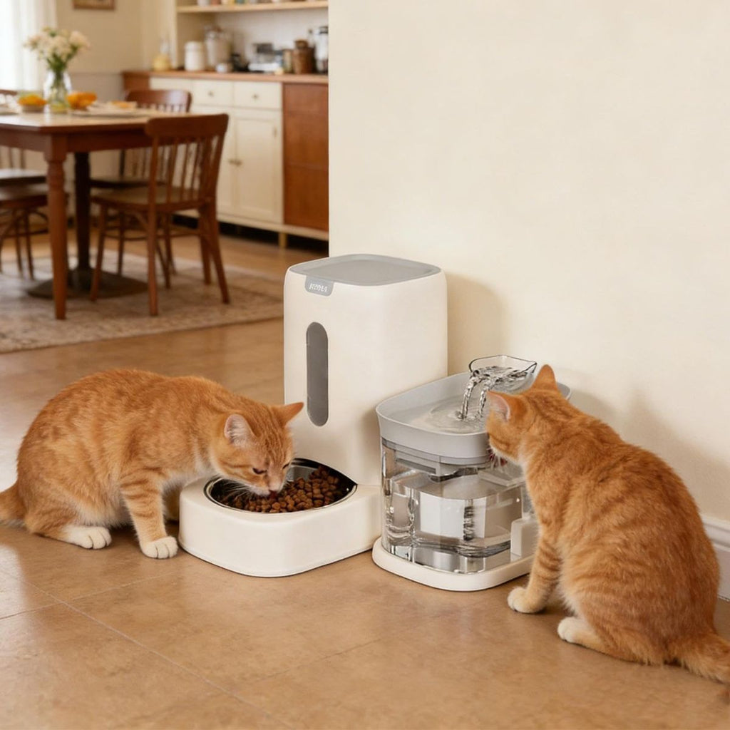 Automatic Cat Feeder and Water 2-in-1 Pet Automatic Fountain Food Bowl Spill-Proof Cat Waterer for Indoor Outdoor Home Vacation Balcony Living Room Bedroom - Pink - Size Feeder and Waterer