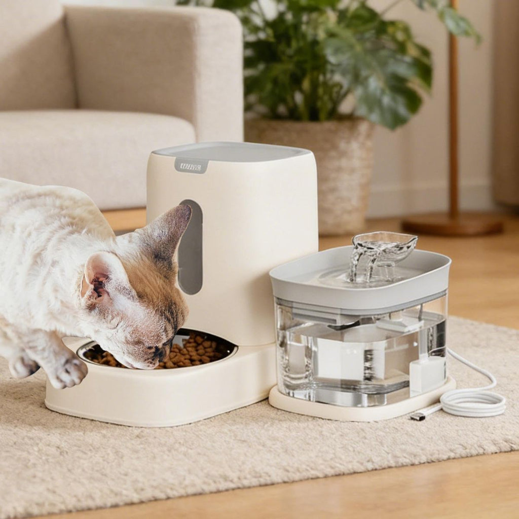Automatic Cat Feeder and Water 2-in-1 Pet Automatic Fountain Food Bowl Spill-Proof Cat Waterer for Indoor Outdoor Home Vacation Balcony Living Room Bedroom - Pink - Size Feeder and Waterer
