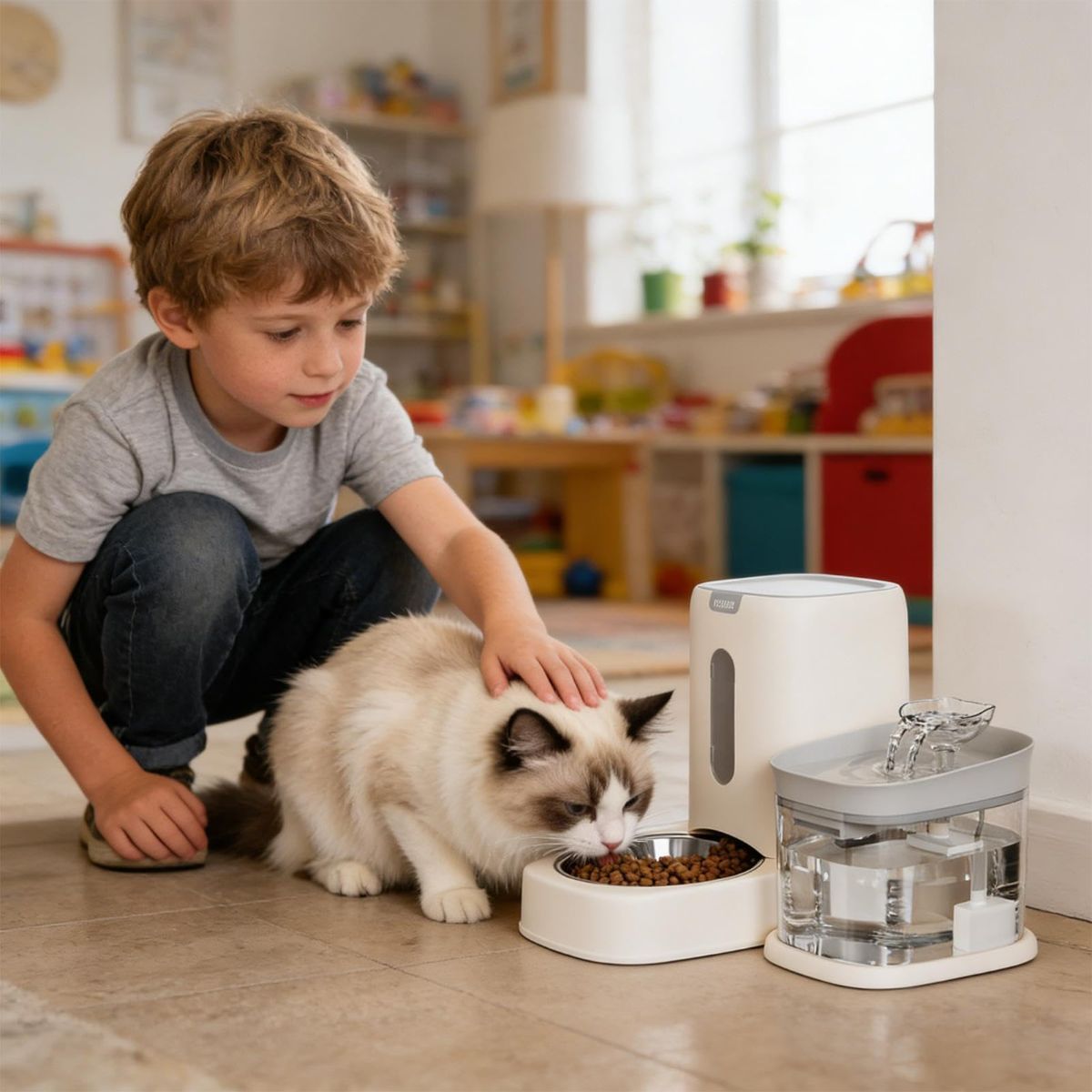 Automatic Cat Feeder and Water 2-in-1 Pet Automatic Fountain Food Bowl Spill-Proof Cat Waterer for Indoor Outdoor Home Vacation Balcony Living Room Bedroom - Pink - Size Feeder and Waterer