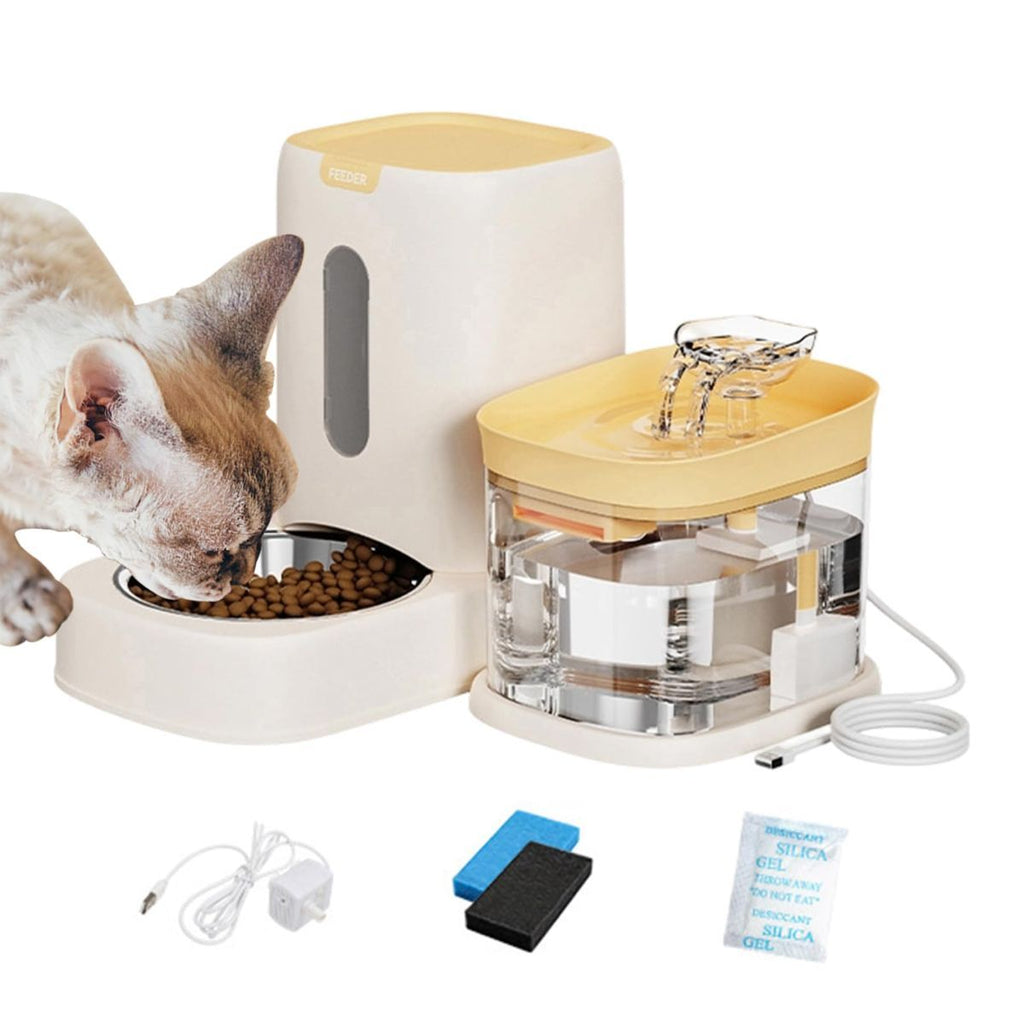 Automatic Cat Feeder and Water 2-in-1 Pet Automatic Fountain Food Bowl Spill-Proof Cat Waterer for Indoor Outdoor Home Vacation Balcony Living Room Bedroom - Pink - Size Feeder and Waterer