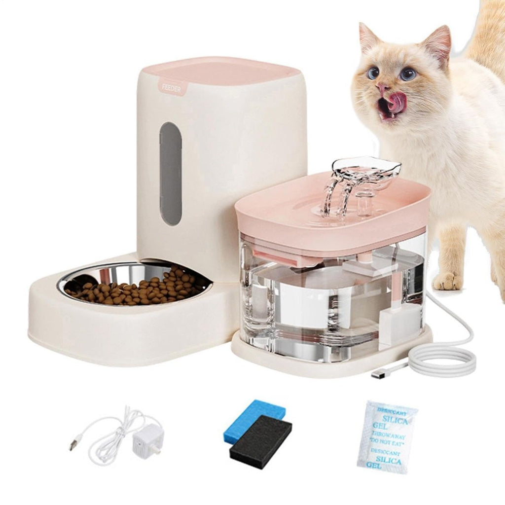 Automatic Cat Feeder and Water 2-in-1 Pet Automatic Fountain Food Bowl Spill-Proof Cat Waterer for Indoor Outdoor Home Vacation Balcony Living Room Bedroom - Yellow - Size Feeder and Waterer