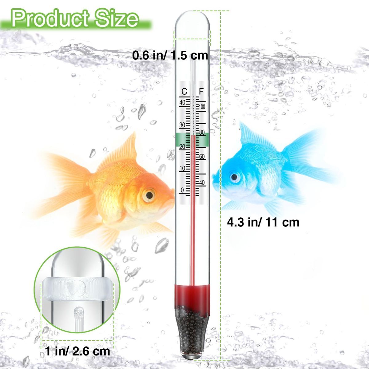2 Pcs Floating Aquarium Thermometers, Floating Glass Aquarium Thermometer with Suction Cup, Mercury Free Large Standing Thermometer for Freshwater and Saltwater Fish