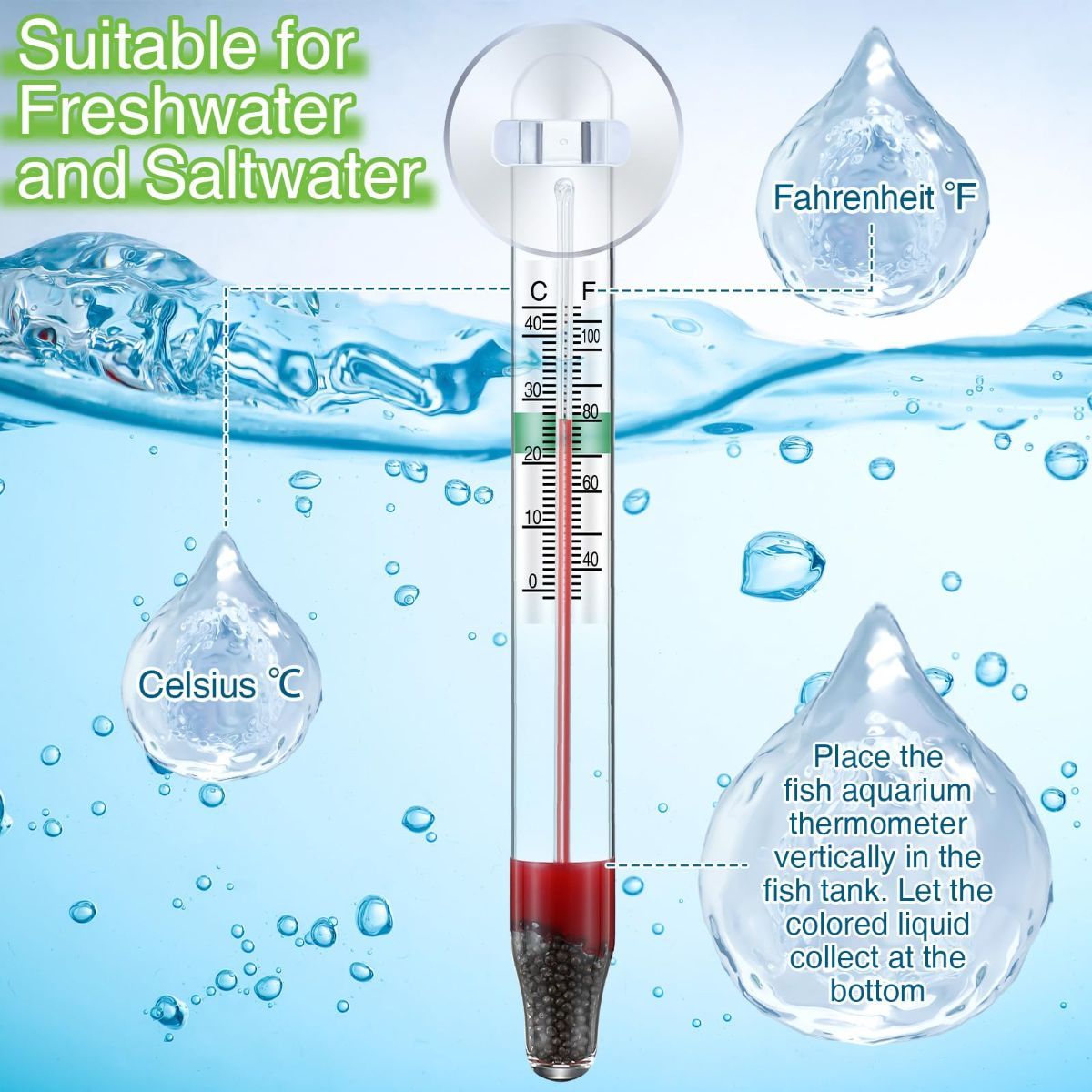 2 Pcs Floating Aquarium Thermometers, Floating Glass Aquarium Thermometer with Suction Cup, Mercury Free Large Standing Thermometer for Freshwater and Saltwater Fish