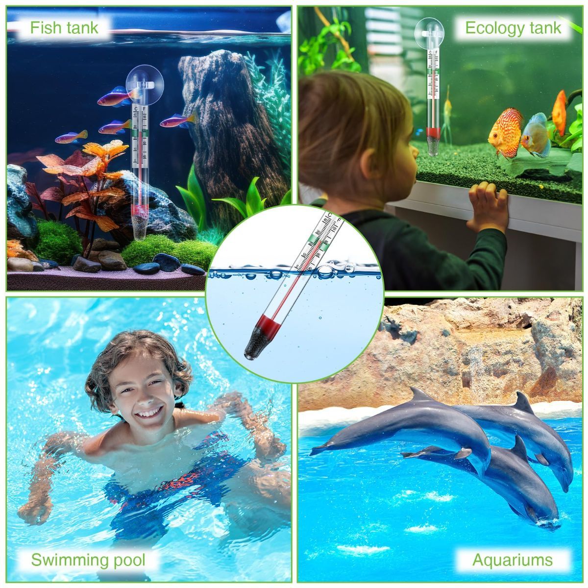 2 Pcs Floating Aquarium Thermometers, Floating Glass Aquarium Thermometer with Suction Cup, Mercury Free Large Standing Thermometer for Freshwater and Saltwater Fish