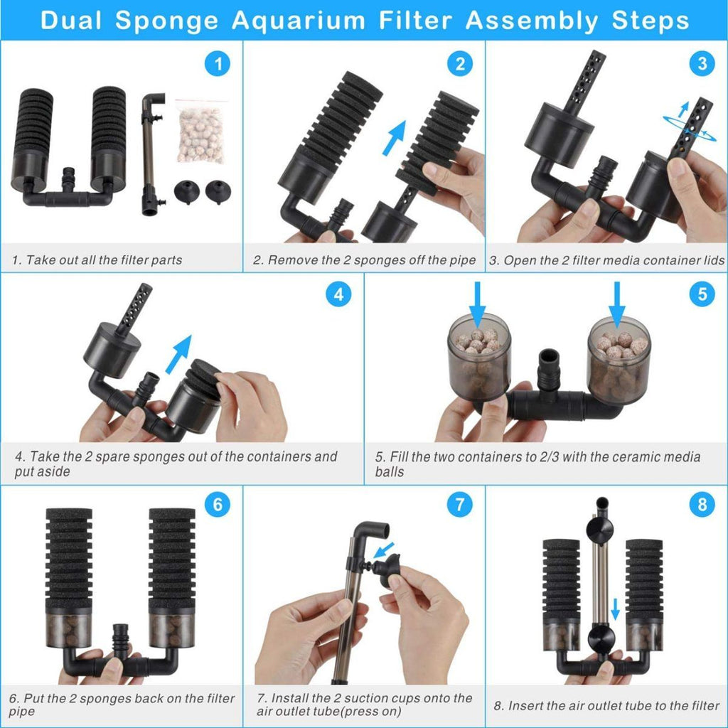 Aquarium Double Sponge Filter, Comes with 2 Spare Sponges - Black - Size S