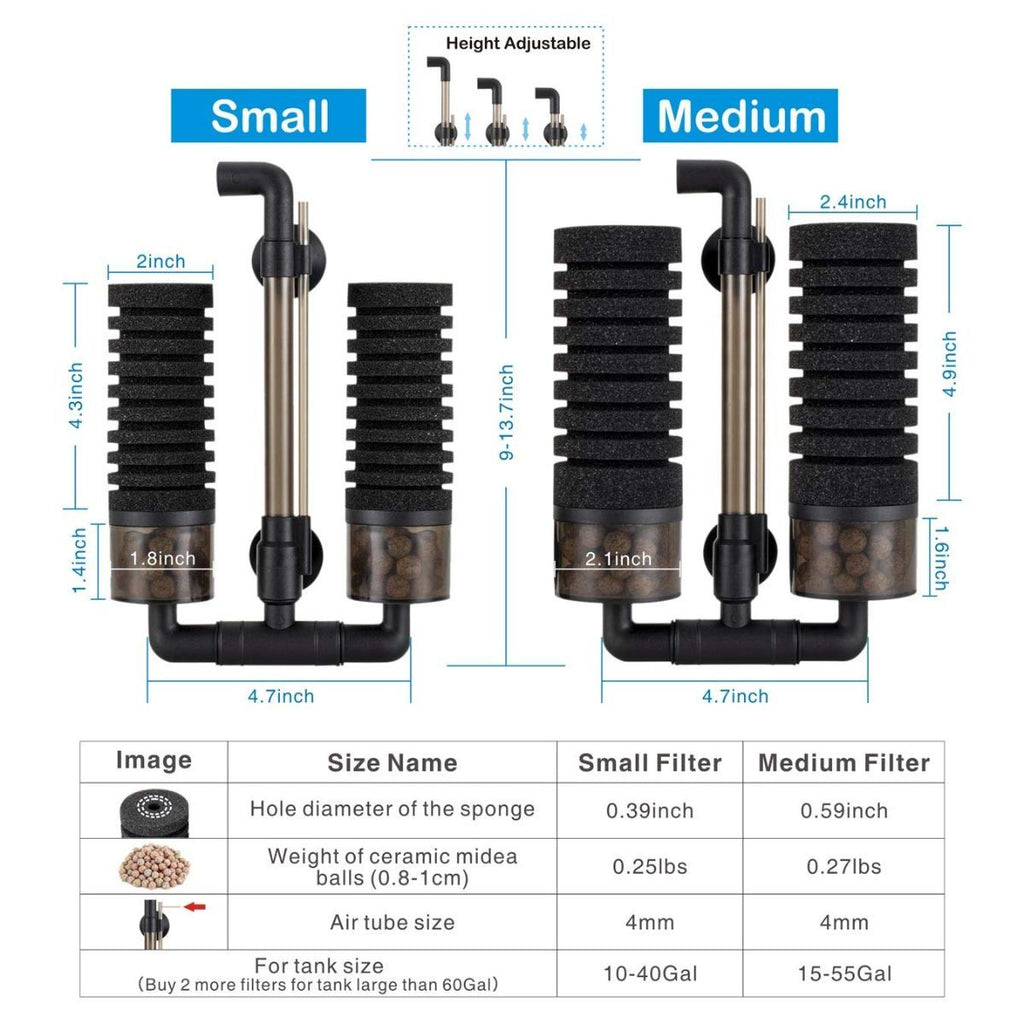 Aquarium Double Sponge Filter, Comes with 2 Spare Sponges - Black - Size S
