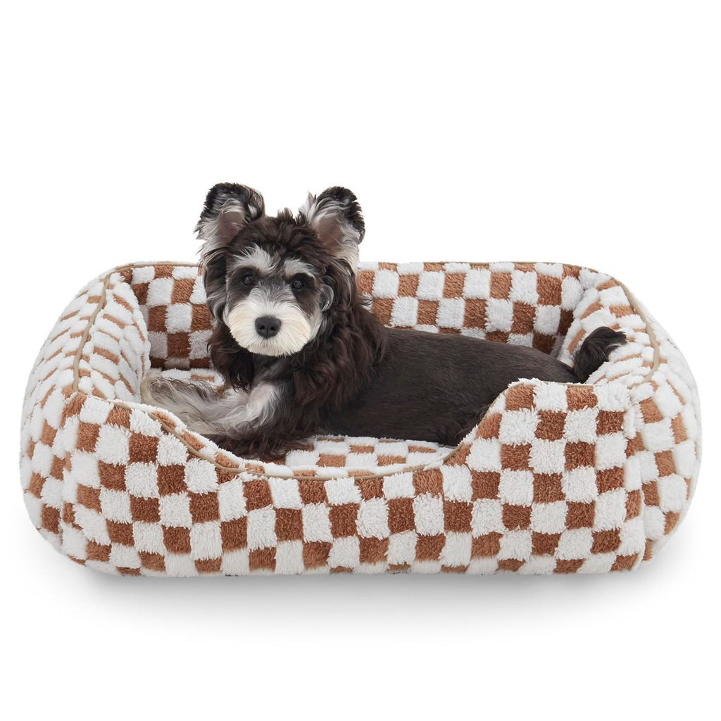 Dog Beds -Cute Cat Beds for Indoor Cats Calming Pet Beds, Rectangle Orthopedic Cuddle Puppy Bed with Jacquard Shaggy Plush & Anti Slip Bottom - Brown - Size M