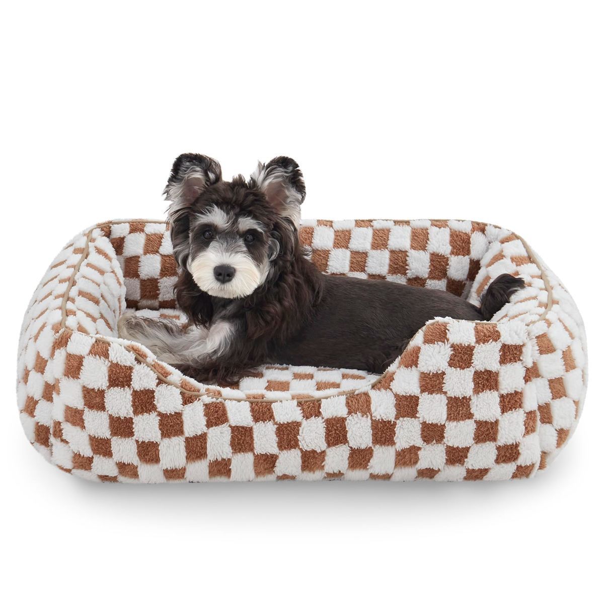 Dog Beds -Cute Cat Beds for Indoor Cats Calming Pet Beds, Rectangle Orthopedic Cuddle Puppy Bed with Jacquard Shaggy Plush & Anti Slip Bottom - Brown - Size M