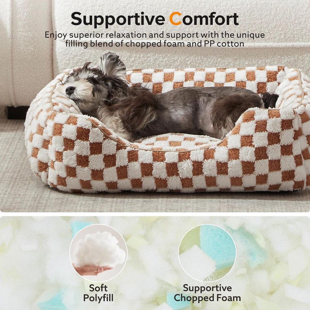 Dog Beds -Cute Cat Beds for Indoor Cats Calming Pet Beds, Rectangle Orthopedic Cuddle Puppy Bed with Jacquard Shaggy Plush & Anti Slip Bottom - Gray - Size M