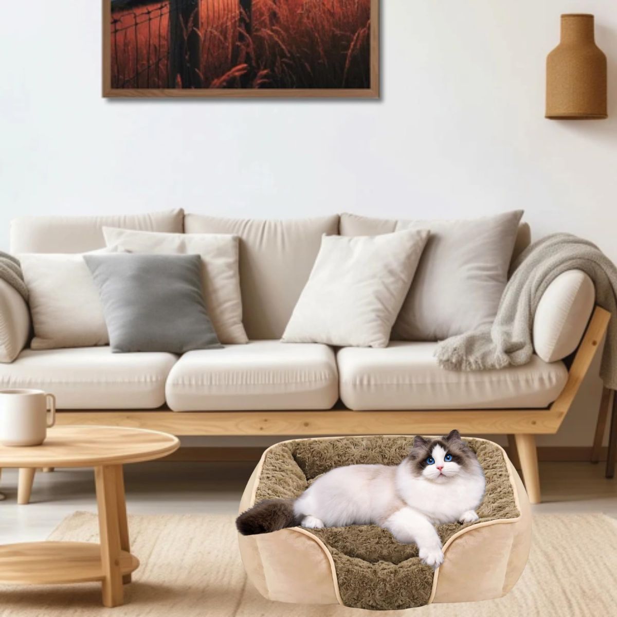 Dog Bed for Small Medium Dogs, Cat Bed for Indoor Cats. Washable Orthopedic Dog Bed. Removable Sleeping Mat, Durable Pet Bed with Anti-Slip Bottom - Camel - Size 76cm*60cm