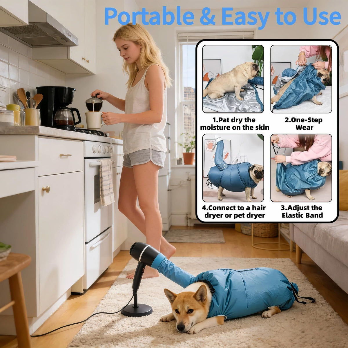 Dog Drying Bag for Quick Home Drying – Hassle-Free Grooming After Baths, L (Blue)