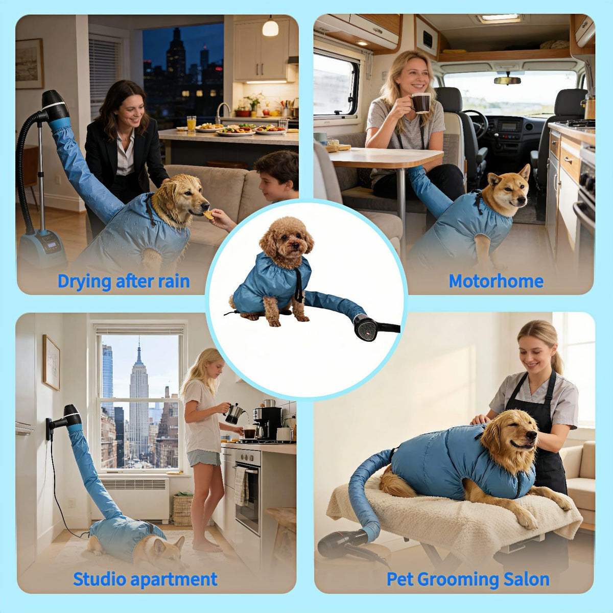Dog Drying Bag for Quick Home Drying – Hassle-Free Grooming After Baths, L (Blue)