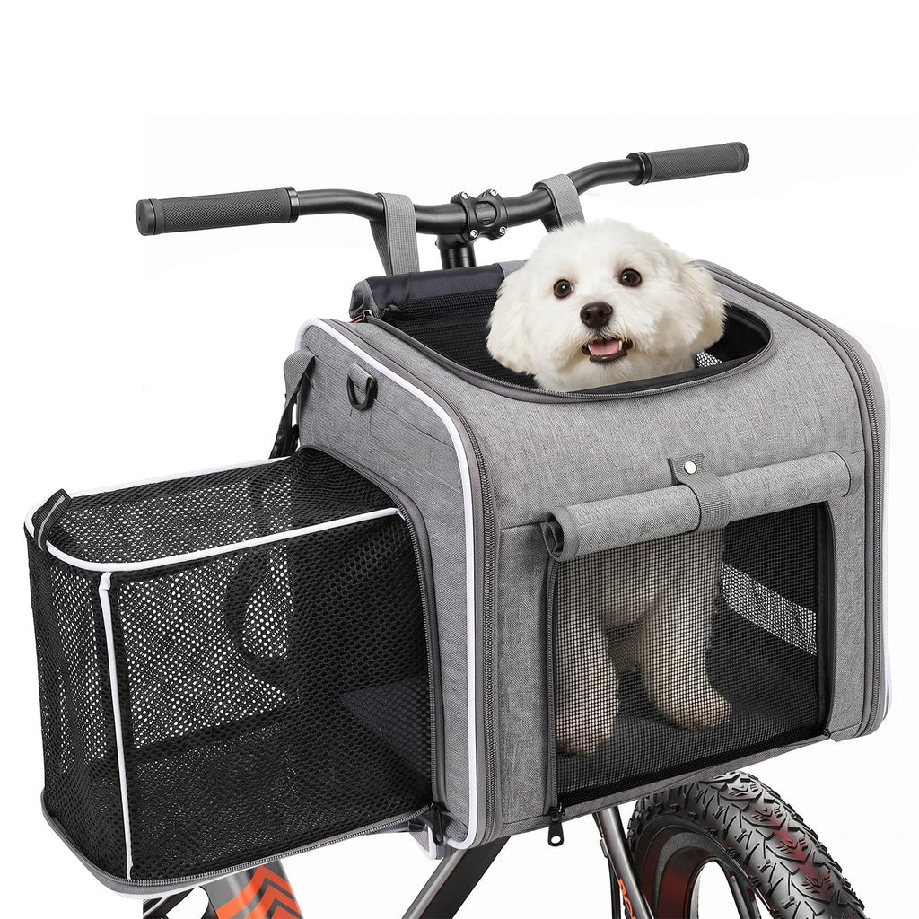 Dog Bike Basket Pet Carrier Backpack 3-in-1, Foldable Expandable Cat Carrier for Bicycle Handlebar, Soft-Sided Breathable Mesh Travel Bag for Small Dogs Cats Up to 18 lbs(gray)
