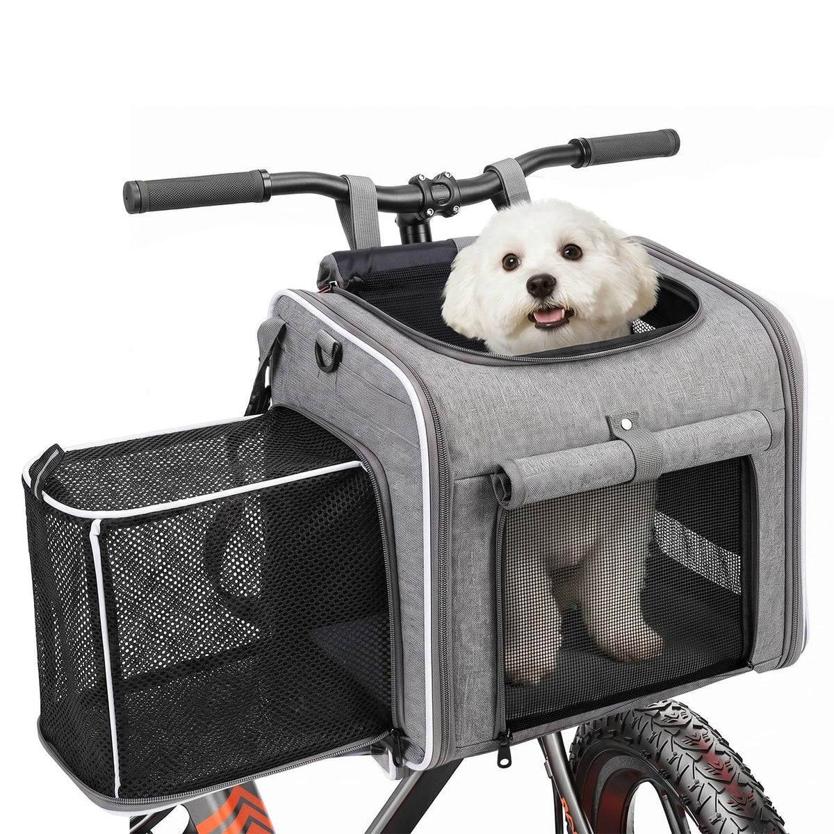 Dog Bike Basket Pet Carrier Backpack 3-in-1, Foldable Expandable Cat Carrier for Bicycle Handlebar, Soft-Sided Breathable Mesh Travel Bag for Small Dogs Cats Up to 18 lbs(gray)