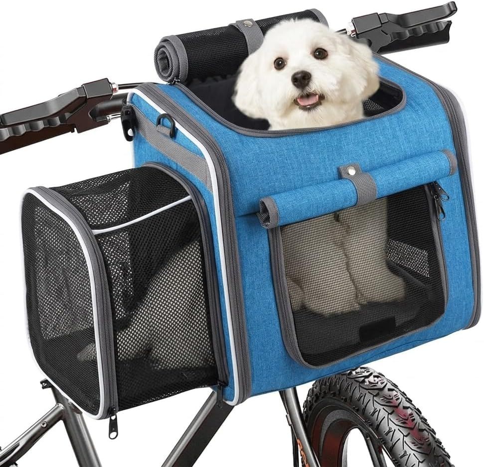 Dog Bike Basket Pet Carrier Backpack 3-in-1, Foldable Expandable Cat Carrier for Bicycle Handlebar, Soft-Sided Breathable Mesh Travel Bag for Small Dogs Cats Up to 18 lbs(gray)