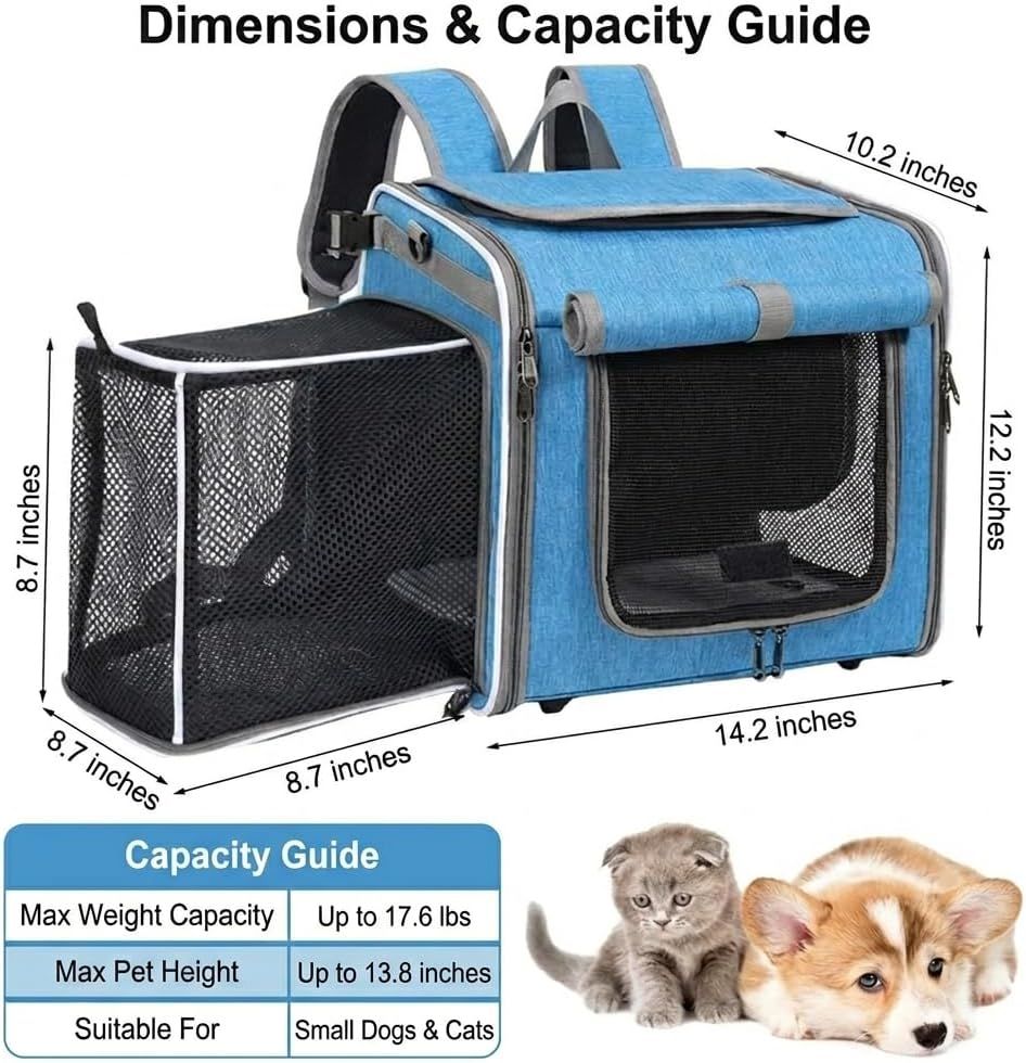 Dog Bike Basket Pet Carrier Backpack 3-in-1, Foldable Expandable Cat Carrier for Bicycle Handlebar, Soft-Sided Breathable Mesh Travel Bag for Small Dogs Cats Up to 18 lbs(Blue)