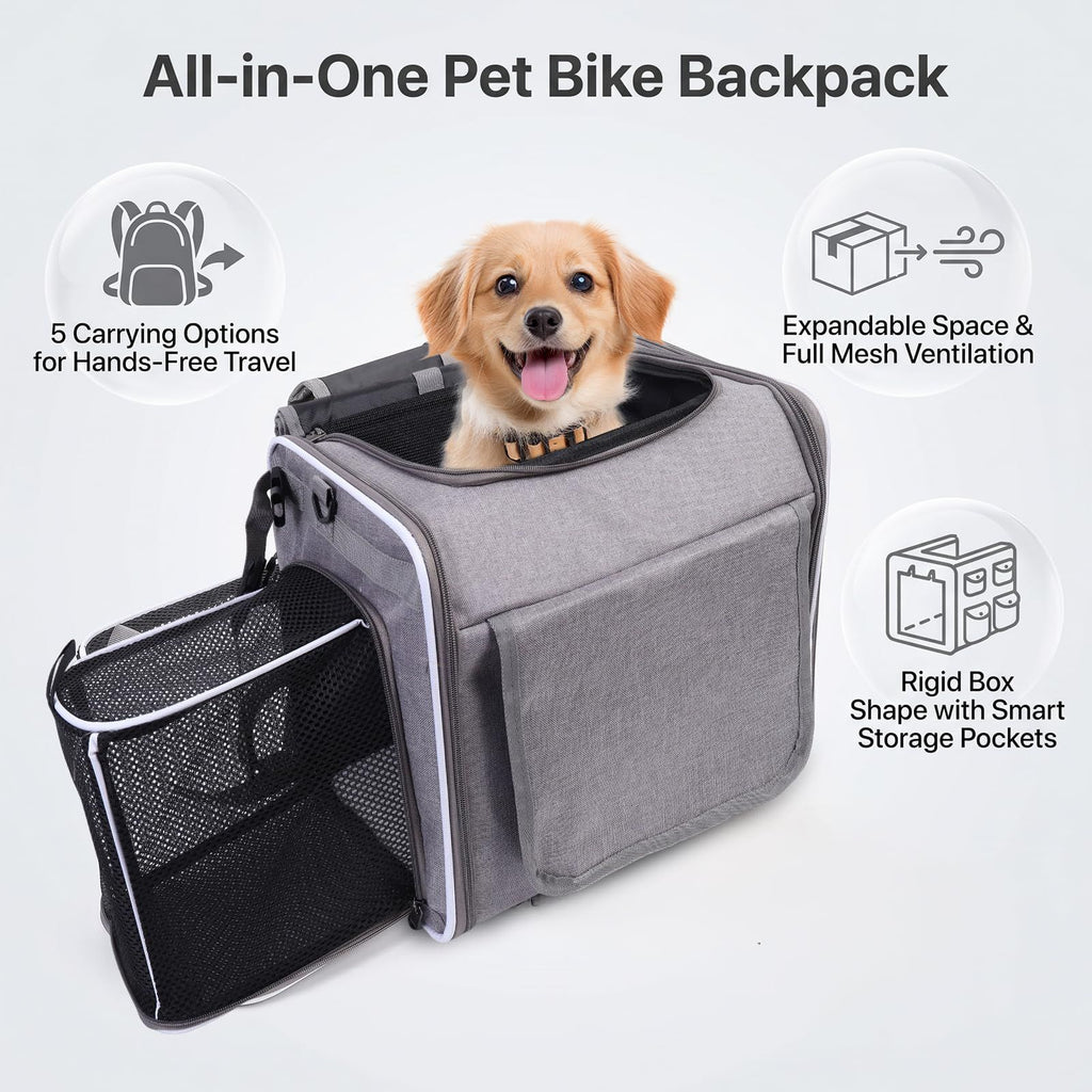Dog Bike Basket Pet Carrier Backpack 3-in-1, Foldable Expandable Cat Carrier for Bicycle Handlebar, Soft-Sided Breathable Mesh Travel Bag for Small Dogs Cats Up to 18 lbs(Blue)
