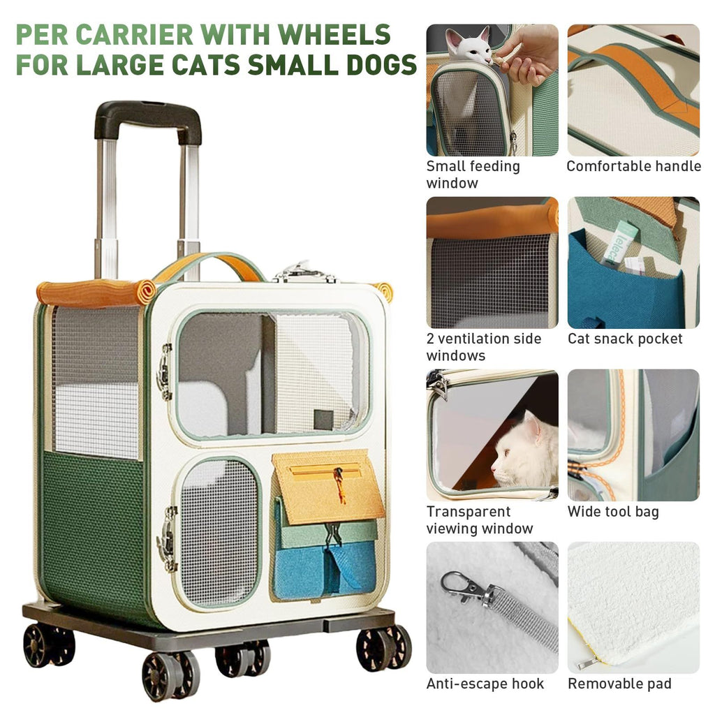Cat Carrier with Wheels, Folding Rolling Pets Carrier on Wheel Soft Pet Handbag Cats Backpack, Dog Carriers up to 23 LBs Removable Cat Bag for Small Dogs Medium Cats Outing(Green)