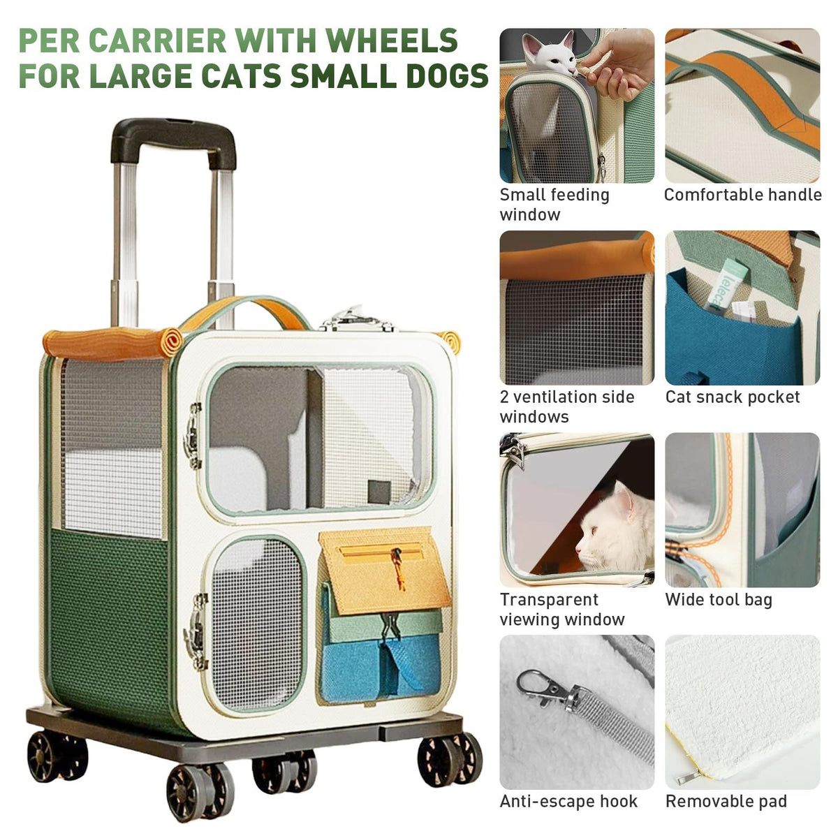 Cat Carrier with Wheels, Folding Rolling Pets Carrier on Wheel Soft Pet Handbag Cats Backpack, Dog Carriers up to 23 LBs Removable Cat Bag for Small Dogs Medium Cats Outing(Brown)