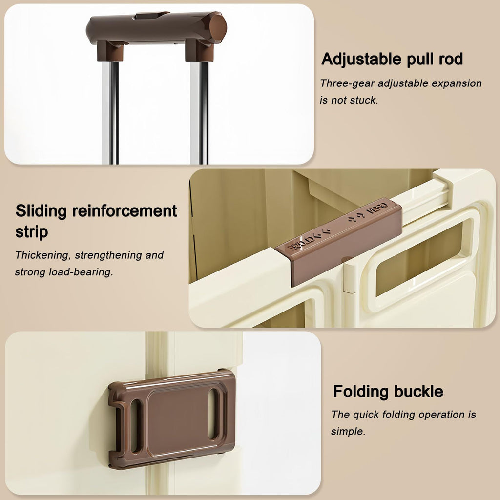 Foldable Sliding crates, Large-Capacity suitcases, Airplane Wheel Handbags, pet Boxes, Groceries and Outdoor Utility trolleys, Compact and Foldable Design, 14.37*12.20*14.96in (beige)