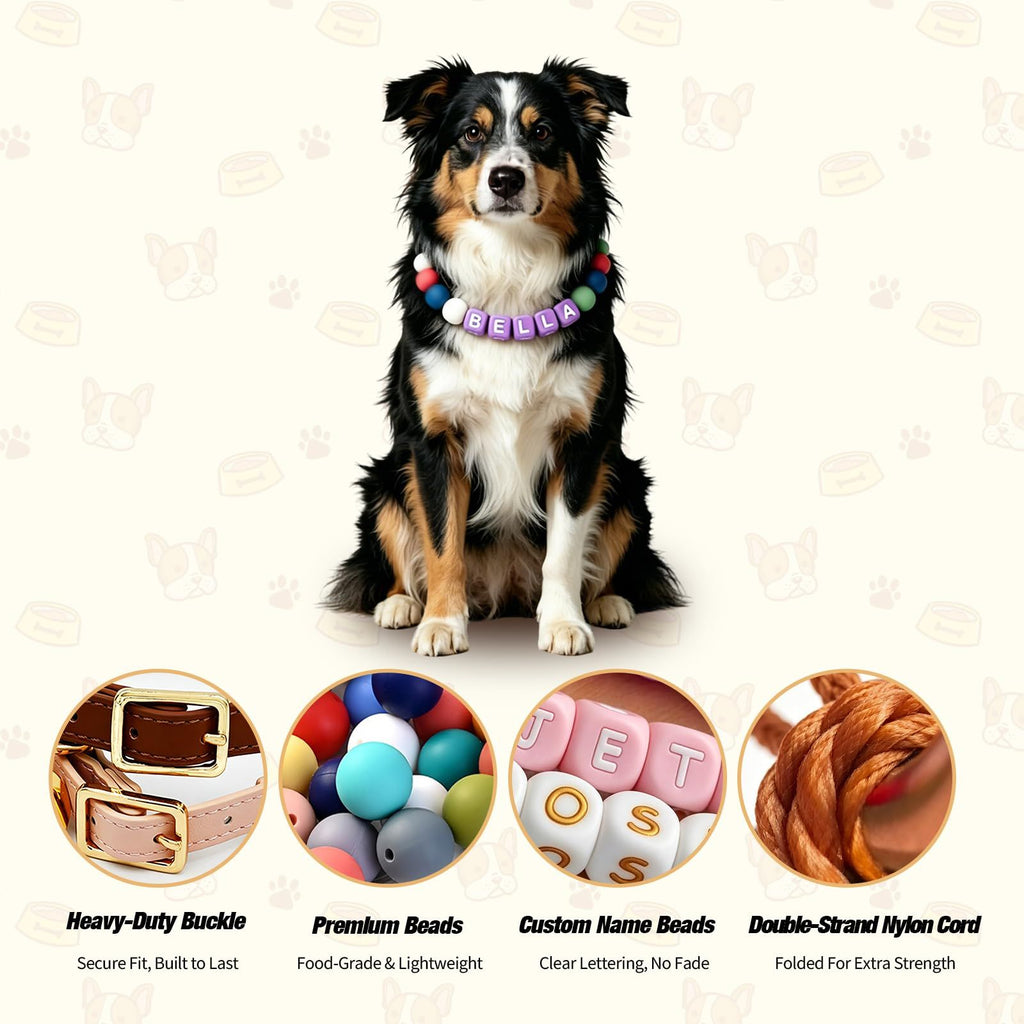 Personalized Beaded Dog Collar with Name Cute Girl NecklaceCustom silicone & wood beads, friendship bracelet style, adjustable 10-24" small to large dogs, durable pet gift , S (Blue)