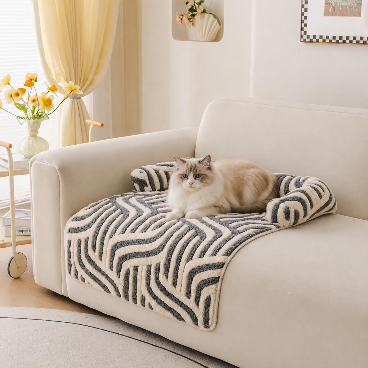 Calming Dog Bed Mats, Couch Bed Mat, Soft Flannel 3-Sided Bolster Pet Sofa Bed Supports Head & Neck(Gray)