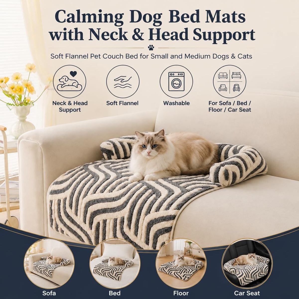 Calming Dog Bed Mats, Couch Bed Mat, Soft Flannel 3-Sided Bolster Pet Sofa Bed Supports Head & Neck(Gray)