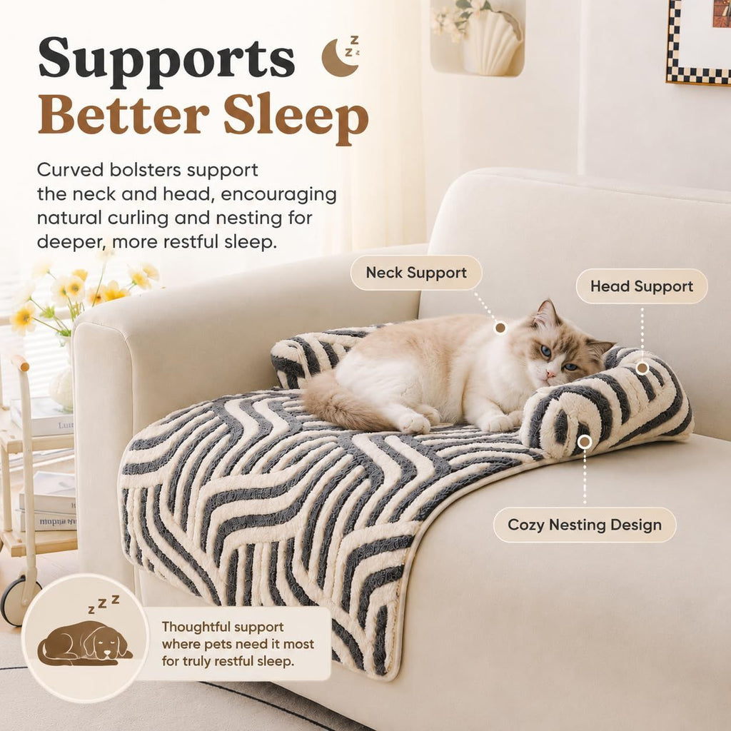 Calming Dog Bed Mats, Couch Bed Mat, Soft Flannel 3-Sided Bolster Pet Sofa Bed Supports Head & Neck(Gray)