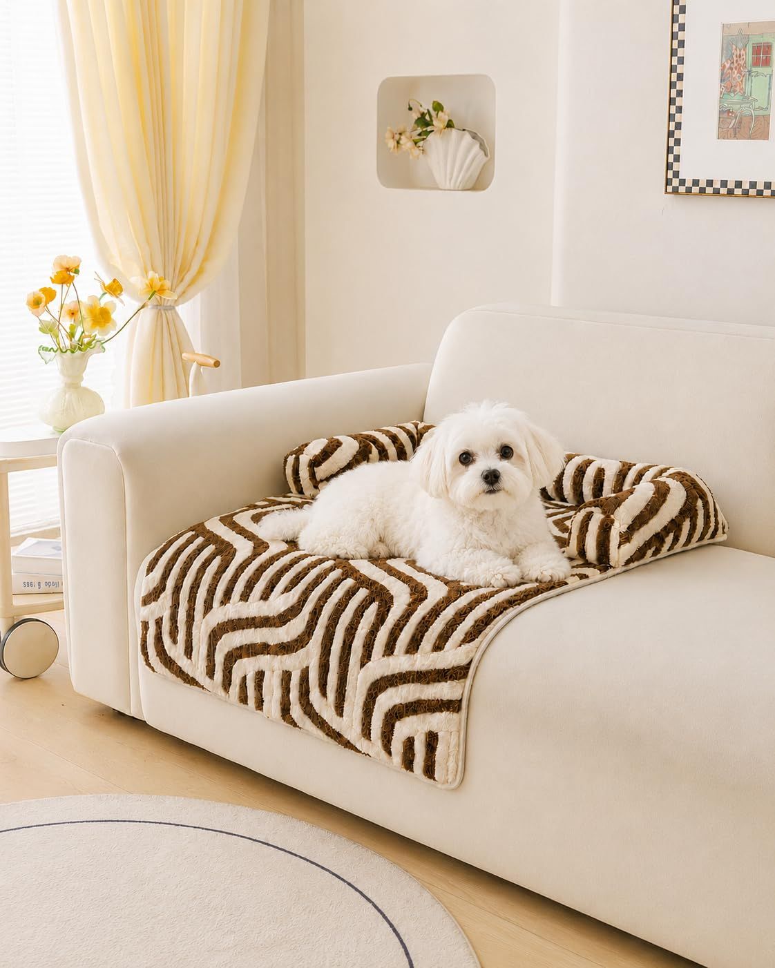 Calming Dog Bed Mats, Couch Bed Mat, Soft Flannel 3-Sided Bolster Pet Sofa Bed Supports Head & Neck(Brown)