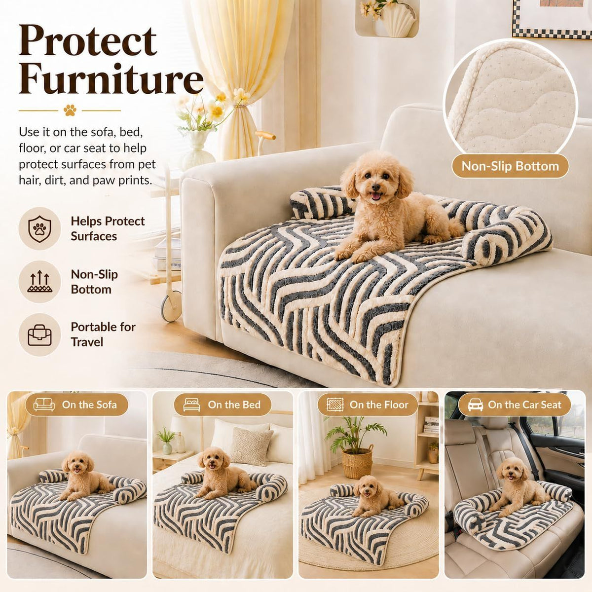 Calming Dog Bed Mats, Couch Bed Mat, Soft Flannel 3-Sided Bolster Pet Sofa Bed Supports Head & Neck(Brown)