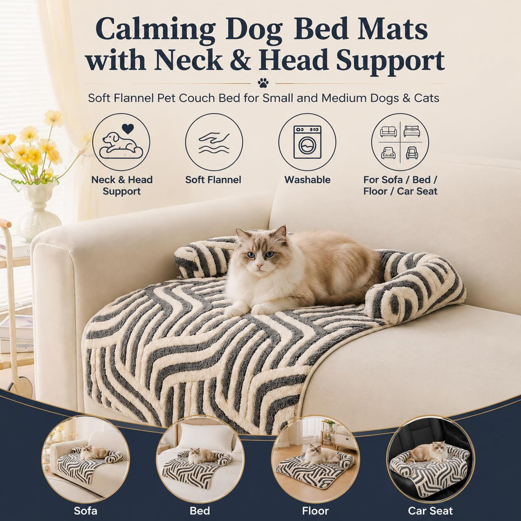 Calming Dog Bed Mats, Couch Bed Mat, Soft Flannel 3-Sided Bolster Pet Sofa Bed Supports Head & Neck(Brown)