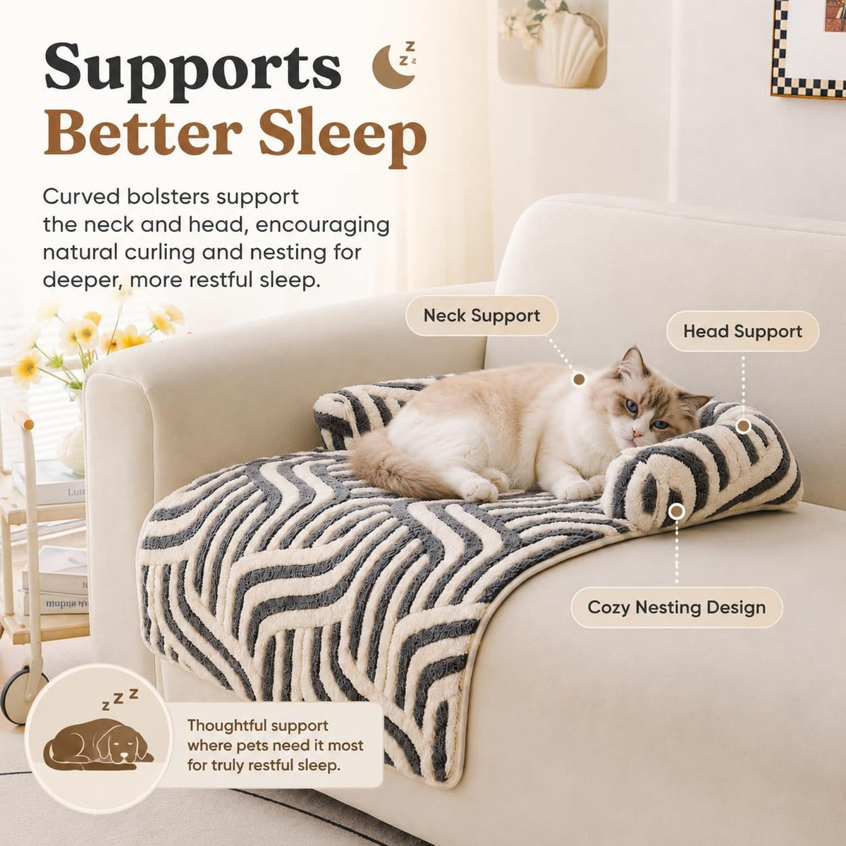 Calming Dog Bed Mats, Couch Bed Mat, Soft Flannel 3-Sided Bolster Pet Sofa Bed Supports Head & Neck(Brown)