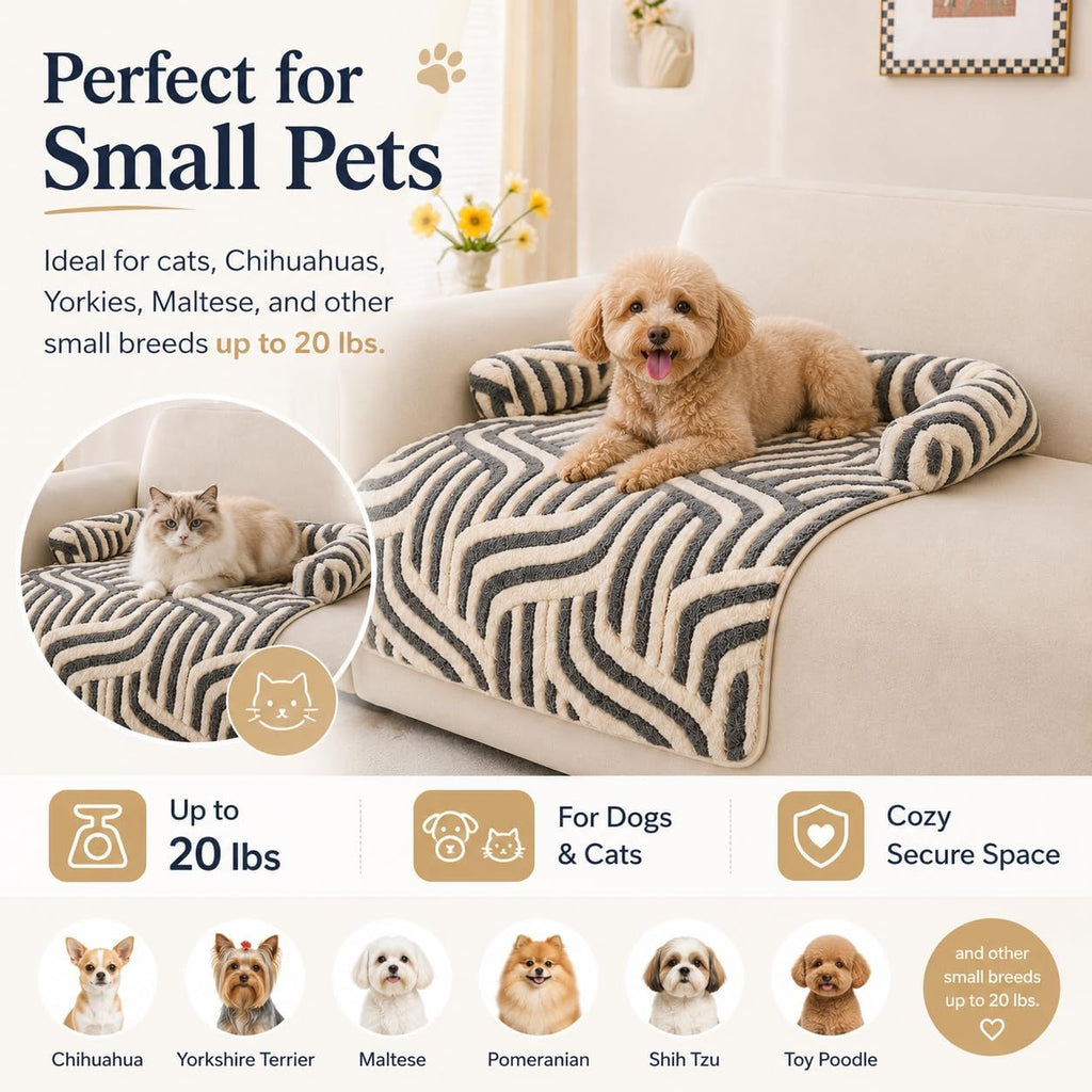 Calming Dog Bed Mats, Couch Bed Mat, Soft Flannel 3-Sided Bolster Pet Sofa Bed Supports Head & Neck(Brown)