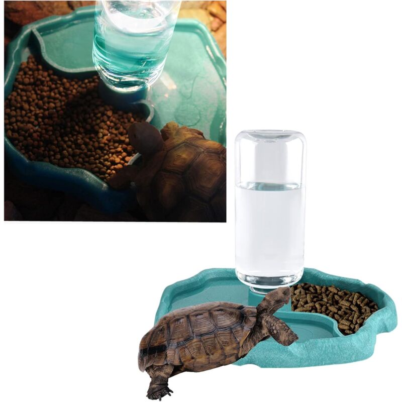 Reptile Water Dispenser, 2 In 1 Anti-Overflow Food Dispenser Bowl, Plastic Food Bowl For Tortoise Gecko - Blue
