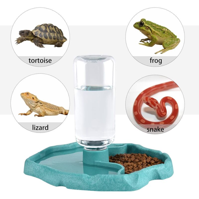 Reptile Water Dispenser, 2 In 1 Anti-Overflow Food Dispenser Bowl, Plastic Food Bowl For Tortoise Gecko - Blue