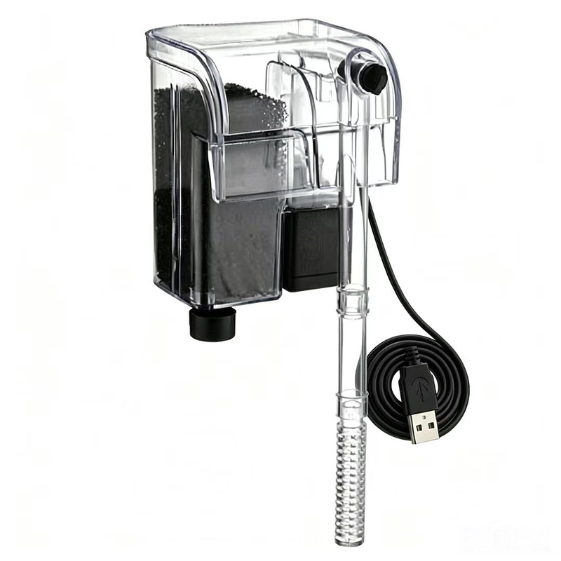 Ultra-slim hang-on aquarium filter, suitable for tanks up to 20 liters; features three-stage adjustable filtration, a flow rate of 250 L/h, and 3W power; USB-powered model.