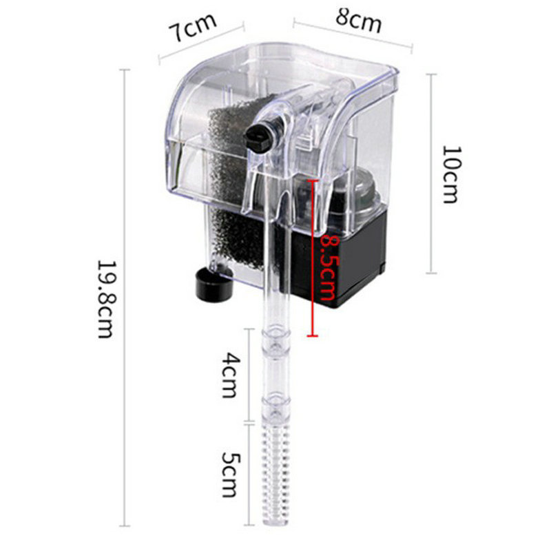 Ultra-slim hang-on aquarium filter, suitable for tanks up to 20 liters; features three-stage adjustable filtration, a flow rate of 250 L/h, and 3W power; USB-powered model.