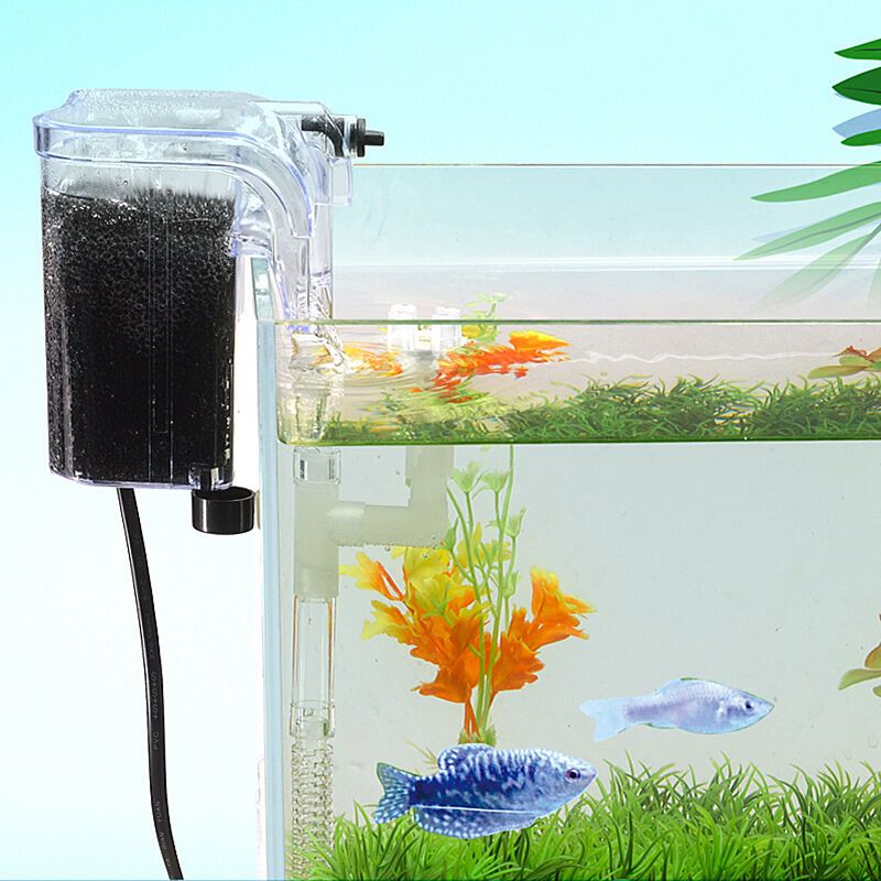 Ultra-slim hang-on aquarium filter, suitable for tanks up to 20 liters; features three-stage adjustable filtration, a flow rate of 250 L/h, and 3W power; USB-powered model.